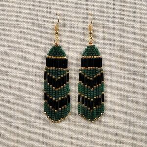 Frosted Green, Black, Gold Fringe Earrings Seed Bead 18k Gold Plated Handmade